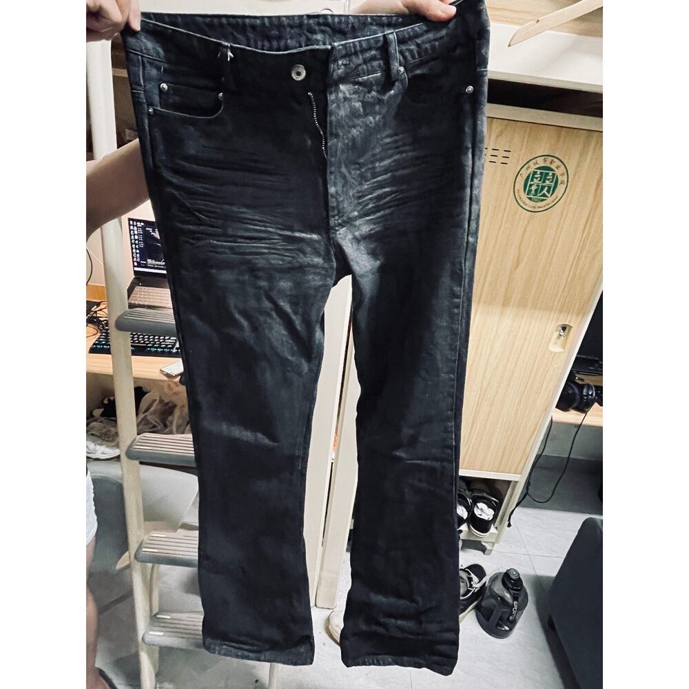 Waxed Vintage Faded Stacked Flared Denim Jeans Black size 32
